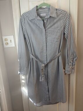 Calvin Klein Light Blue and White Striped Shirt Dress with Waist Tie- EUC!
